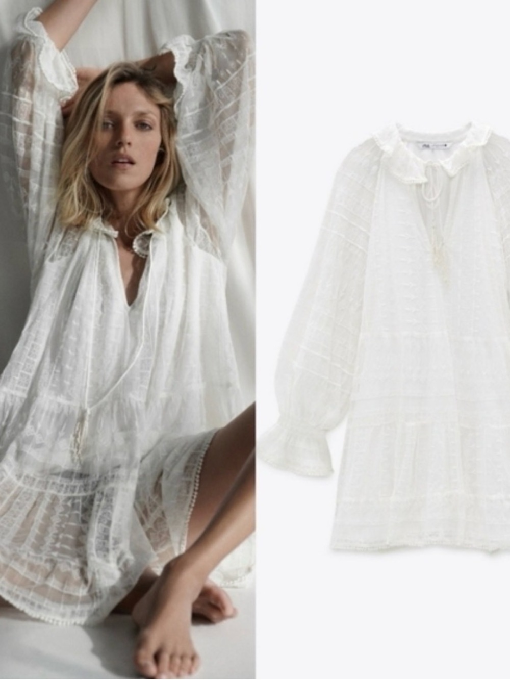 Zara White Embroidered Mini Boho Dress
Lace Dress beaded tie dress. Small (8)